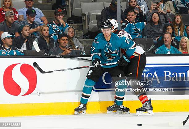 Joonas Donskoi of the San Jose Sharks skates against Simon Despres of the Anaheim Ducks at SAP Center on October 5, 2016 in San Jose, California.