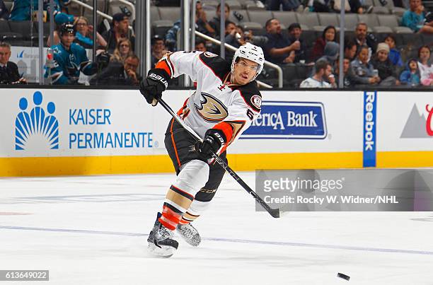 Simon Despres of the Anaheim Ducks passes the puck against the San Jose Sharks at SAP Center on October 5, 2016 in San Jose, California.