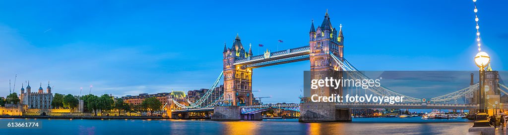 London Tower Bridge Embankment illuminated dusk River Thames panorama UK