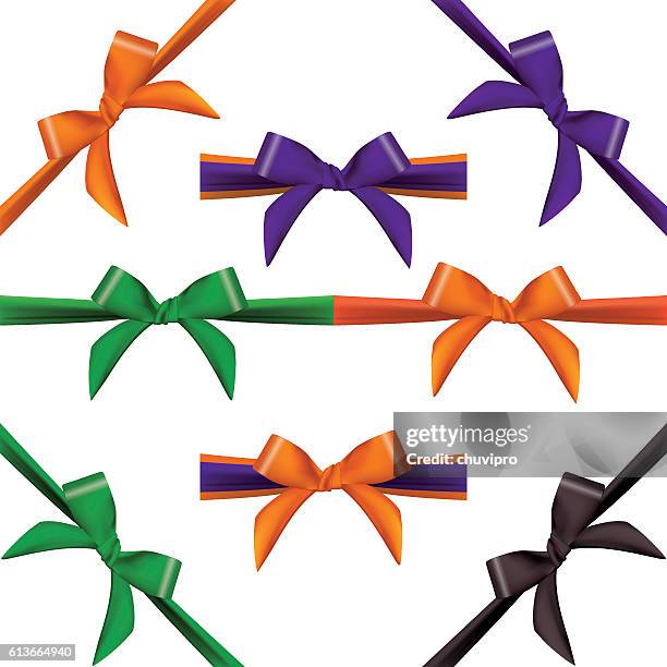 orange, purple, green and black satin bows with ribbons - fond orange stock illustrations