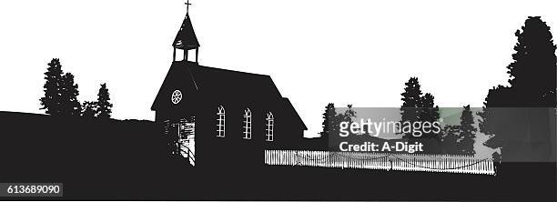 illustrazioni stock, clip art, cartoni animati e icone di tendenza di villaggio chiesa - torre con guglia