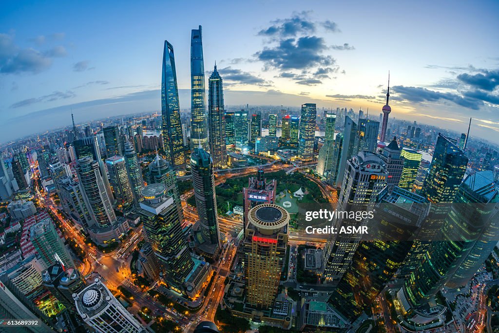 Fisheye view of Shanghai Skyline Sunset