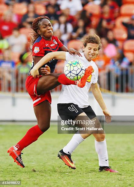Elizabeth Eddy of the Western New York Flash battles for the ball with Francisca Ordega of the Washington Spirit during the second half of the 2016...