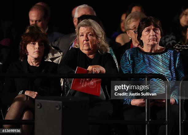 Kathleen Willey, Juanita Broaddrick and Kathy Shelton look on during the second presidential debate with democratic presidential nominee former...