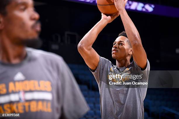 Ontario, CA Anthony Brown of the Los Angeles Lakers shoots the ball before a preseason game against the Denver Nuggets on October 9, 2016 at Citizens...