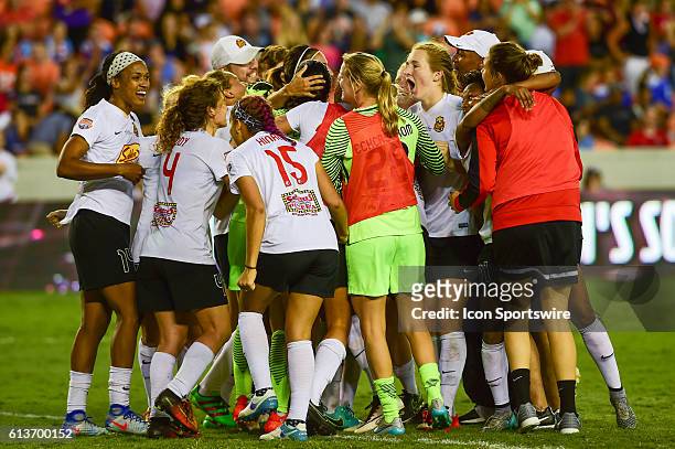 The Flash celebrate their OT win following the 2016 NWSL Championship soccer match between WNY Flash and Washington Spirit at BBVA Compass Stadium in...