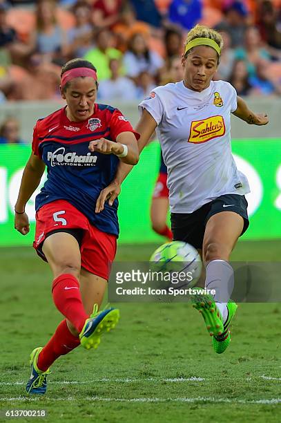 Flash forward Lynn Williams and Washington Spirit defender Whitney Church fight for a loose ball during the 2016 NWSL Championship soccer match...