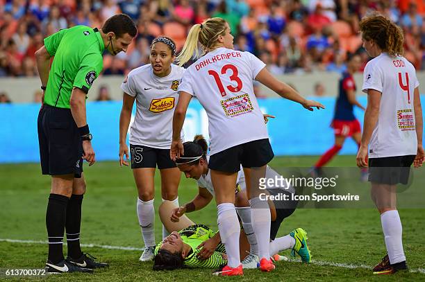 Flash goalkeeper Sabrina D'Angelo is in pain following a second half collision at the net during the 2016 NWSL Championship soccer match between WNY...