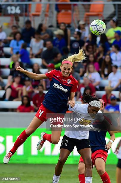 Washington Spirit defender Megan Oyster and WNY Flash forward Jessica McDonald fight for a header during the 2016 NWSL Championship soccer match...