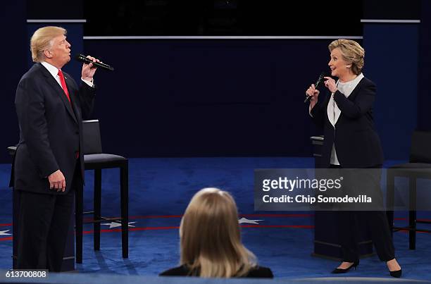Democratic presidential nominee former Secretary of State Hillary Clinton and Republican presidential nominee Donald Trump speak during the town hall...