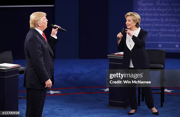 Democratic presidential nominee former Secretary of State Hillary Clinton and Republican presidential nominee Donald Trump speak during the town hall...