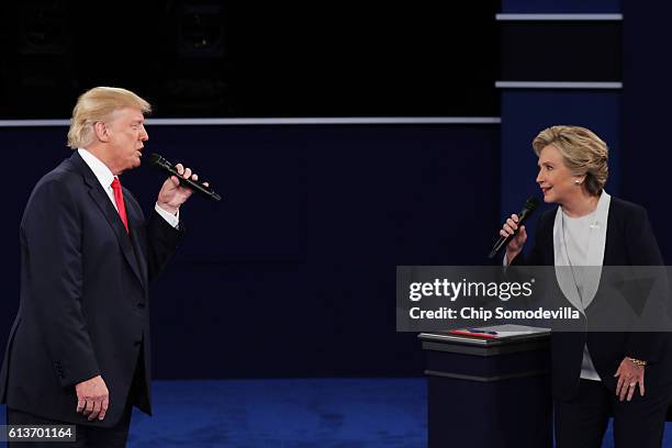 Democratic presidential nominee former Secretary of State Hillary Clinton and Republican presidential nominee Donald Trump speak during the town hall...