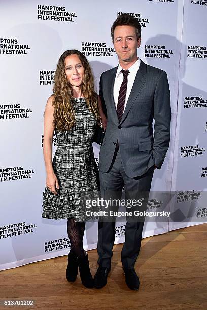 Producer Shauna Robertson and actor Edward Norton attend the Awards Dinner at the Hamptons International Film Festival 2016 at Topping Rose on...