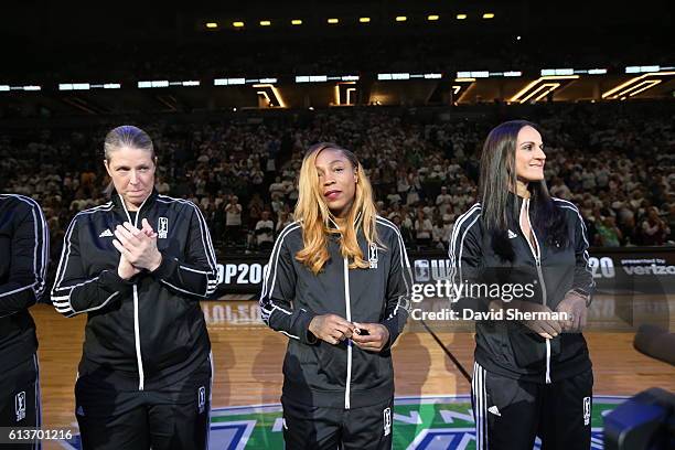 Katie Smith, Cappie Pondexter, and Ticha Penicheiro honorees of the WNBA Top 20@20 ceremony presented by Verizon during halftime of Game 1 between...