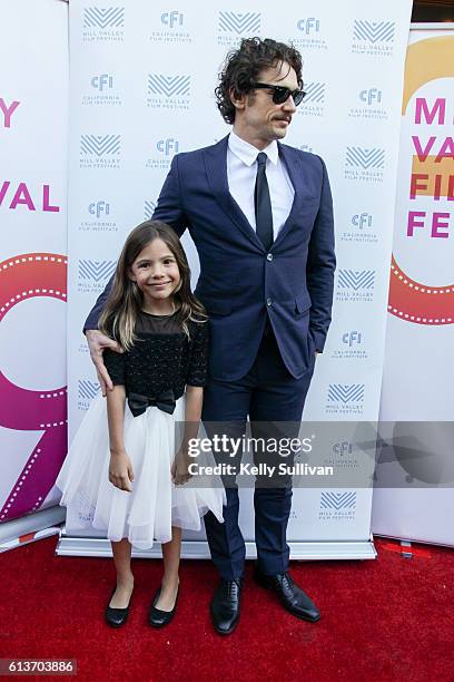 In Dubious Battle" actors Lola Sultan and James Franco pose for photos on the Mill Valley Film Festival red carpet at Cinearts @ Sequoia on October...