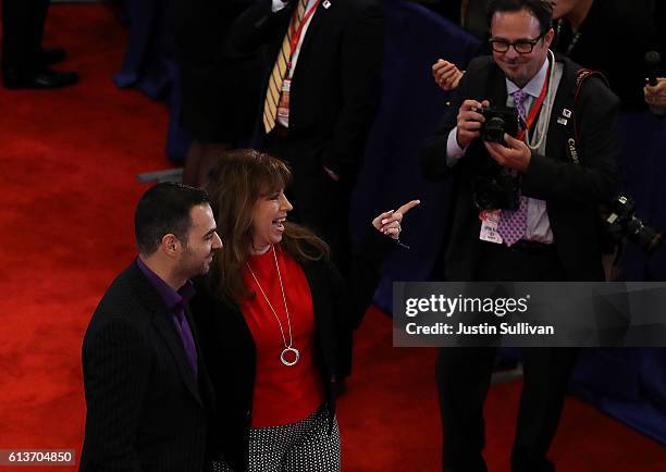 Paula Jones walks through the spin room following the second presidential debate with democratic presidential nominee former Secretary of State...