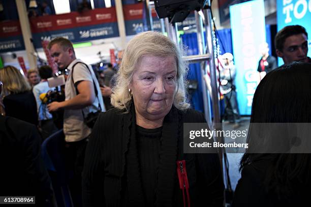 Juanita Broaddrick walks through the spin room after the second U.S. Presidential debate at Washington University in St. Louis, Missouri, U.S., on...