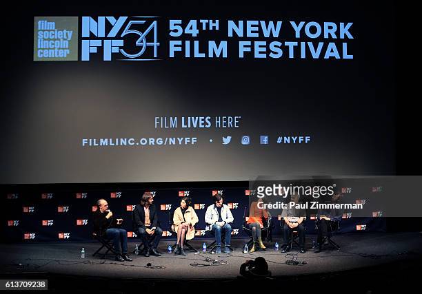 Kent Jones, Matias Pineiro, Augustina Munoz, Keith Poulson, Mati Diop, Dan Sallitt and Dustin Guy Defa speak onstage at the 54th New York Film...