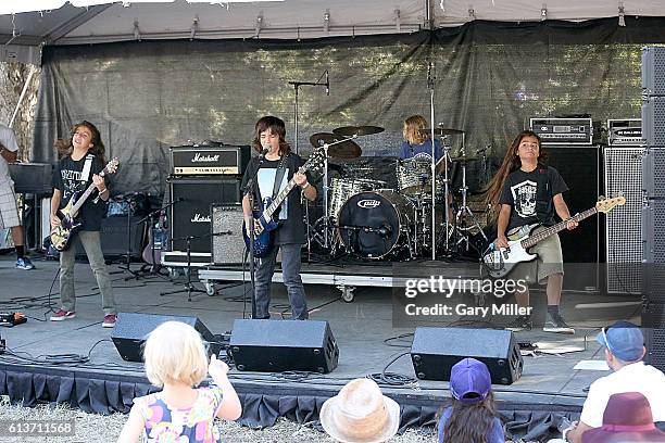 Bastian Evans, Bryan Ferretti, Kai Neukermans and Tye Trujillo of The Helmets perform in concert during the Austin City Limits Music Festival at...