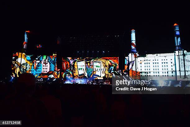 Roger Waters performs on a stage designed like Battersea Power Station during Desert Trip at The Empire Polo Club on October 9, 2016 in Indio,...