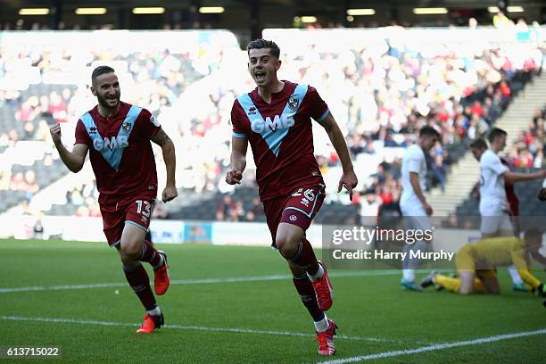 Alex Jones of Port Vale celebrates scoring his sides opener during the Sky Bet League One match between Milton Keynes Dons and Port Vale at StadiumMK...