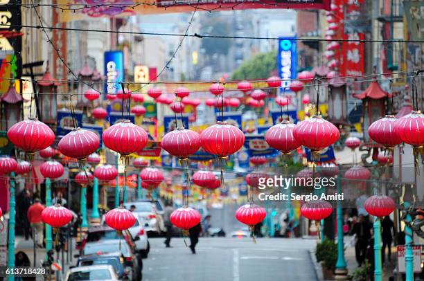 chinese lanterns in san francisco chinatown - chinatown stock pictures, royalty-free photos & images