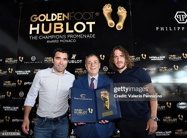 Deco, Antonio Caliendo and Carles Puyol attend the Golden Foot 2016 Award Ceremony press conference at Fairmont Hotel on October 10, 2016 in Monaco,...