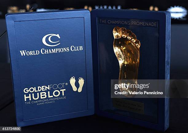 The Golden Foot Award trophy is seen during the Golden Foot 2016 Award Ceremony press conference at Fairmont Hotel on October 10, 2016 in Monaco,...