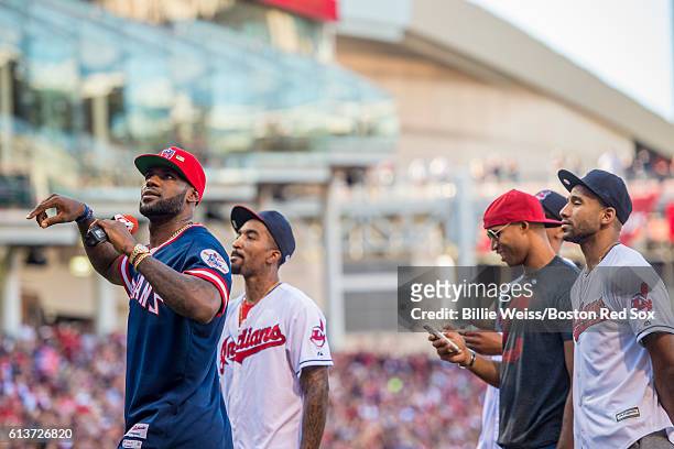 LeBron James of the Cleveland Cavaliers addresses the crowd before game two of the American League Division Series between the Boston Red Sox and the...