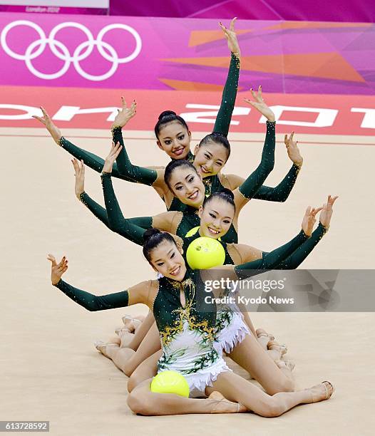 Britain - Japan's Rie Matsubara, Natsuki Fukase, Kotono Tanaka, Airi Hatakeyama and Nina Saeed Yokota perform with balls during the rhythmic...