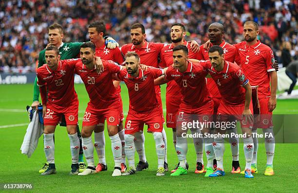 The Malta team line up prior to the FIFA 2018 World Cup Qualifier Group F match between England and Malta at Wembley Stadium on October 8, 2016 in...