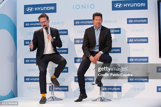 Joaquin Reyes and Diego Simeone, aka El Cholo, present the new electric car Hyundai IONIQ on October 10, 2016 in Madrid, Spain.