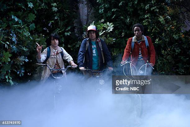 Lin-Manuel Miranda" Episode 1706 -- Pictured: Kyle Mooney as Mike, Lin-Manuel Miranda as Dustin, and Sasheer Zamata as Lucas during the "Stranger...