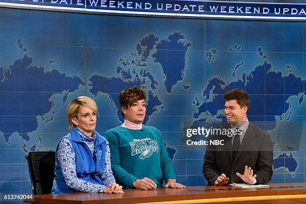 Lin-Manuel Miranda" Episode 1706 -- Pictured: Tina Fey as Denise McDonough, Jimmy Fallon as Doreen Troilo, and Colin Jost during Weekend Update on...