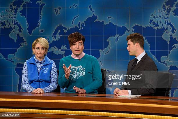Lin-Manuel Miranda" Episode 1706 -- Pictured: Tina Fey as Denise McDonough, Jimmy Fallon as Doreen Troilo, and Colin Jost during Weekend Update on...