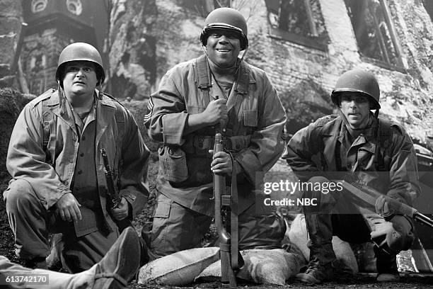 Lin-Manuel Miranda" Episode 1706 -- Pictured: Bobby Moynihan, Kenan Thompson, and Mikey Day during the "WWII Scene" sketch on October 8, 2016 --