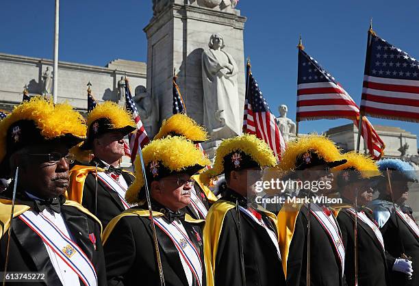 Members of the Knights of Columbus participate in a Columbus Day ceremony at the National Columbus Memorial in front of Union Station, October 10,...