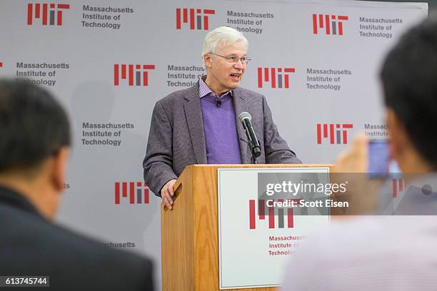 Professor Bengt Holmstrom during a press conference at MIT announcing his shared Nobel Prize in Economics with Harvard Professor Oliver Hart on...