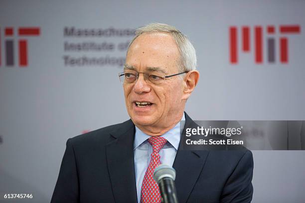 President L. Rafael Reif speaks about MIT Professor Bengt Holmstrom during a presss conference at MIT announcing Holmstrom's shared Nobel Prize in...