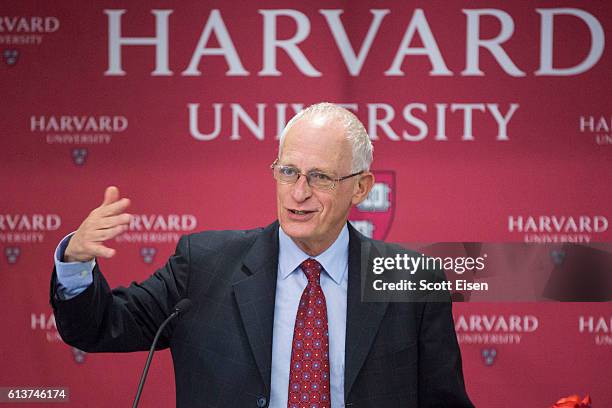 Harvard Professor Oliver Hart during a press conference at Harvard announcing his shared Nobel Prize in Economics with MIT Professor Bengt Holmstrom...