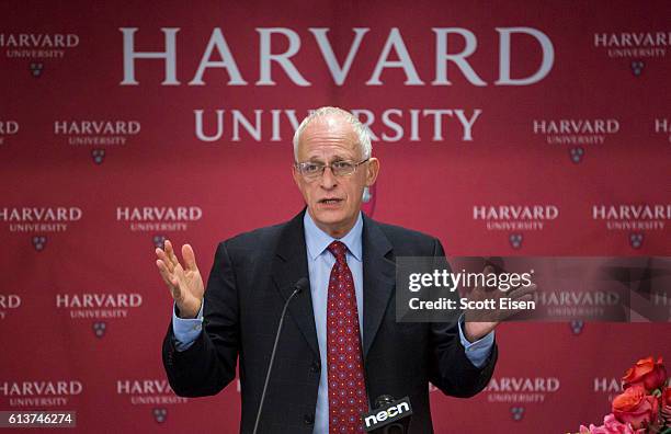 Harvard Professor Oliver Hart during a press conference at Harvard announcing his shared Nobel Prize in Economics with MIT Professor Bengt Holmstrom...