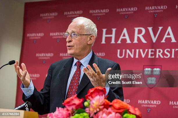 Harvard Professor Oliver Hart during a press conference at Harvard announcing his shared Nobel Prize in Economics with MIT Professor Bengt Holmstrom...