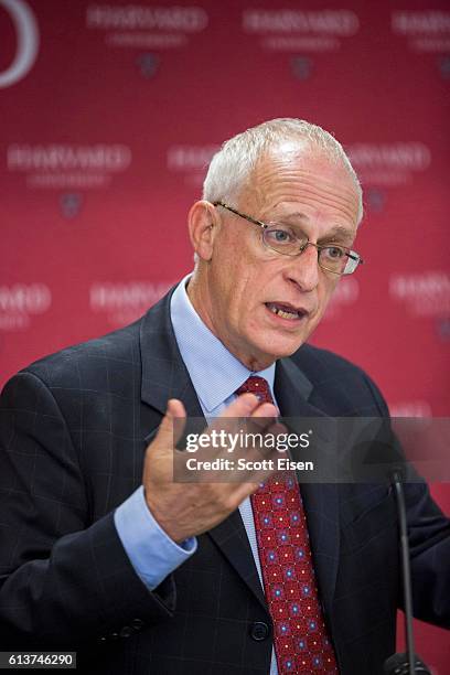 Harvard Professor Oliver Hart during a press conference at Harvard announcing his shared Nobel Prize in Economics with MIT Professor Bengt Holmstrom...