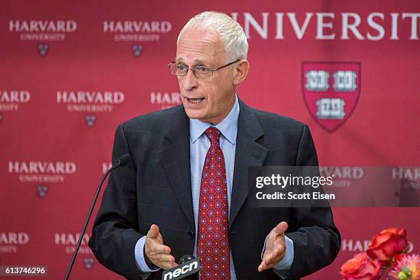 Harvard Professor Oliver Hart during a press conference at Harvard announcing his shared Nobel Prize in Economics with MIT Professor Bengt Holmstrom...