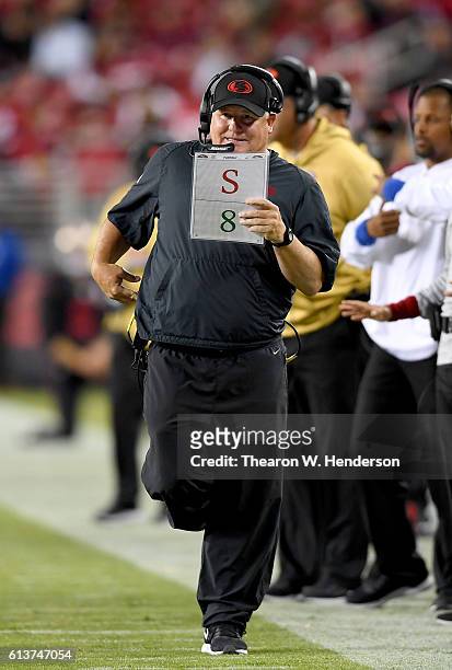 Head coach Chip Kelly of the San Francisco 49ers looks on from the sidelines against the Arizona Cardinals during their NFL football game at Levi's...