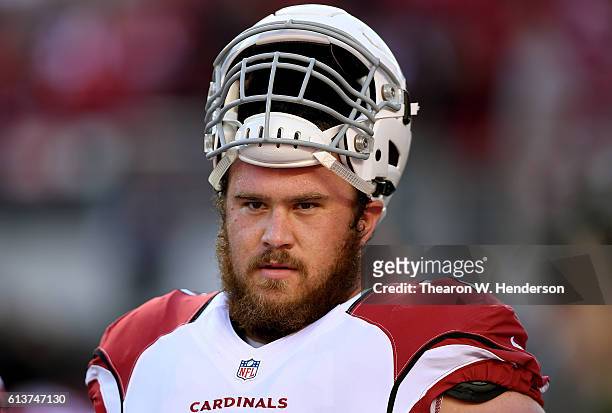Evan Boehm of the Arizona Cardinals looks on during pregame warm ups prior to playing the San Francisco 49ers in an NFL football game at Levi's...