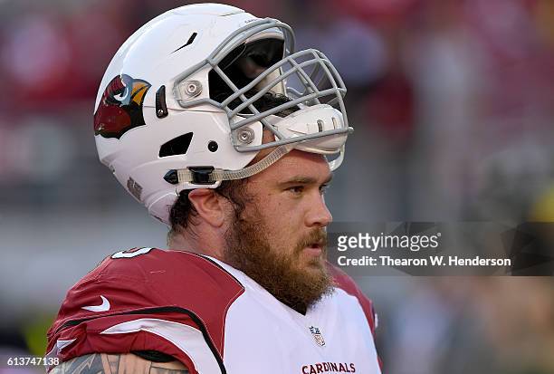 Evan Boehm of the Arizona Cardinals looks on during pregame warm ups prior to playing the San Francisco 49ers in an NFL football game at Levi's...
