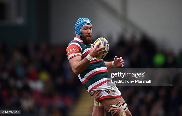 Graham Kitchener of Leicester Tigers gathers the ball in the line out during the Aviva Premiership match between Leicester Tigers and Worcester...