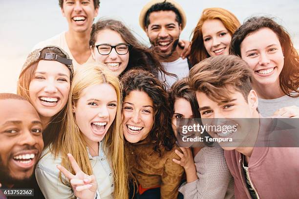 large group of friends portrait at the beach - group of objects 個照片及圖片檔