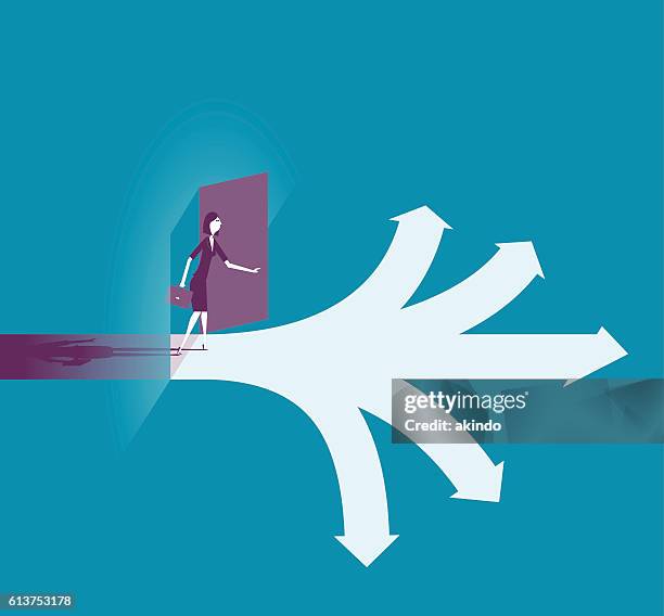 possibilities. businesswoman selecting the best solution. - crossroads sign stock illustrations